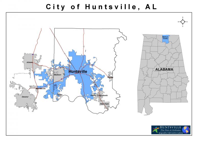  Madison County Alabama with Current Huntsville Corporate Limits Highlighted in Blue